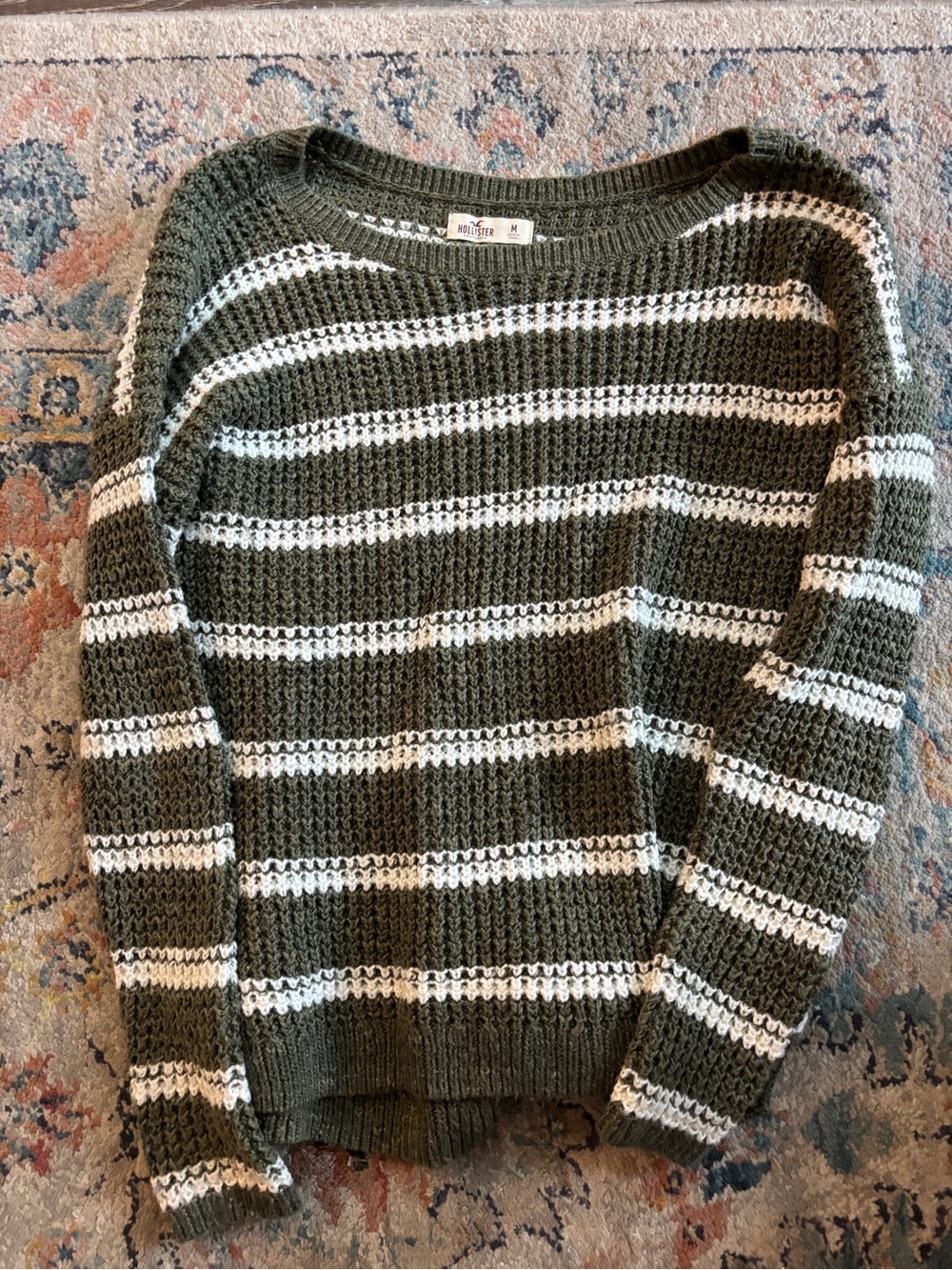 Hollister Olive & White Striped Crochet Sweater